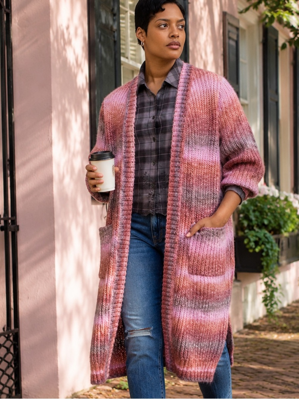 Torrid Duster Cardigan Women's 1X Pink Ombre Open Front Long Novel Yarn NWT